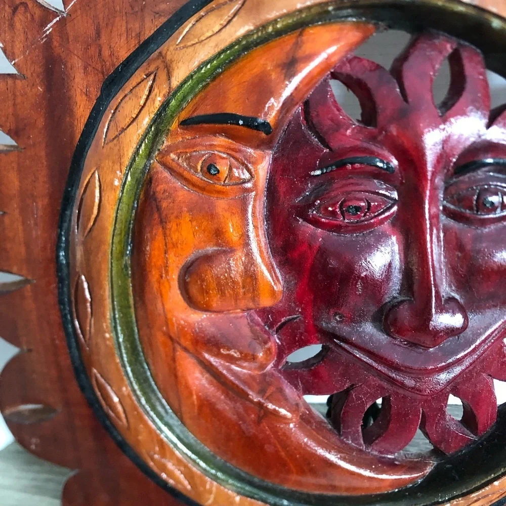Hand Carved Wood Sun and Moon Wall Art - Picture 2 of 11